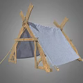 Simple Handmade Outdoor Tent With Wooden Frame And Light Blue Fabric Cover