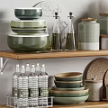 Elegant Kitchenware Display On Shelves With Bowls Jars Bottles And Green Plants Against Brick Wall