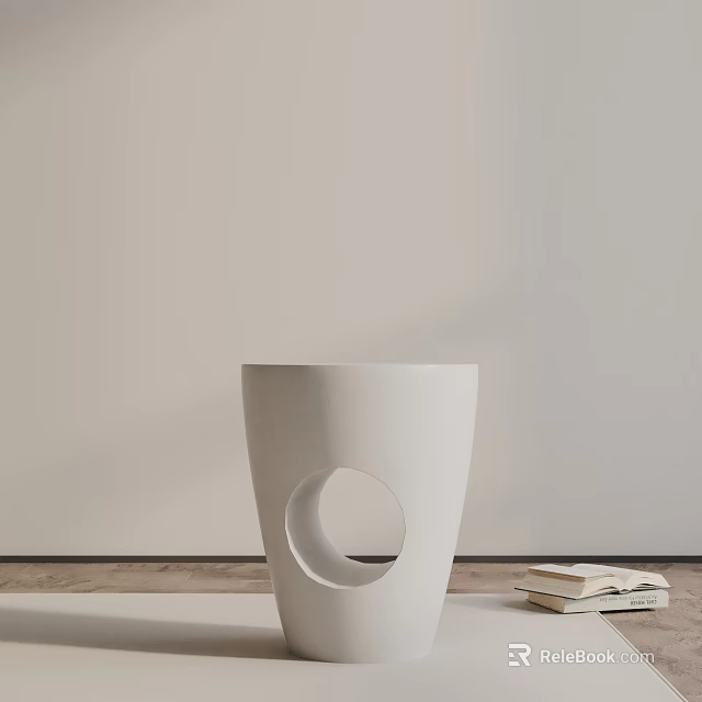 White Side Table With Circular Cutout Design Stacked Books Beside Light Colored Wall Wooden Floor 3d model 