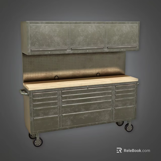 Functional Metal Storage Cabinet Shelf With Multiple Drawers Upper Cabinets And Wooden Top With Wheels 3d model 