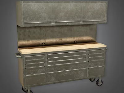 Functional Metal Storage Cabinet Shelf With Multiple Drawers Upper Cabinets And Wooden Top With Wheels 3d model