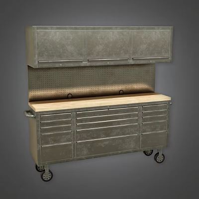 Functional Metal Storage Cabinet Shelf With Multiple Drawers Upper Cabinets And Wooden Top With Wheels 3d model