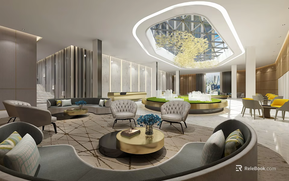 Luxurious Sales Office Interior With Comfortable Sofas Round Coffee Tables And Greenery 3d model