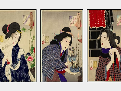Traditional Japanese Figure Paintings Featuring Women in Kimono with Floral Decorations and Text Labels 3d model