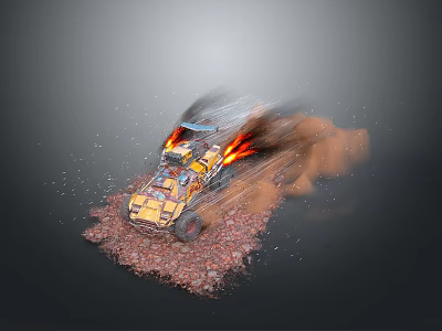 Yellow Off Road Vehicle Driving On Gravel Terrain Kicking Up Dust With Flames 3d model