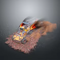 Yellow Off Road Vehicle Driving On Gravel Terrain Kicking Up Dust With Flames