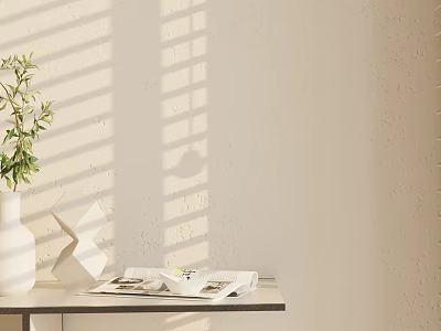 White Vase With Green Plants Sunlight Shadows On Table And Open Magazines 3d model