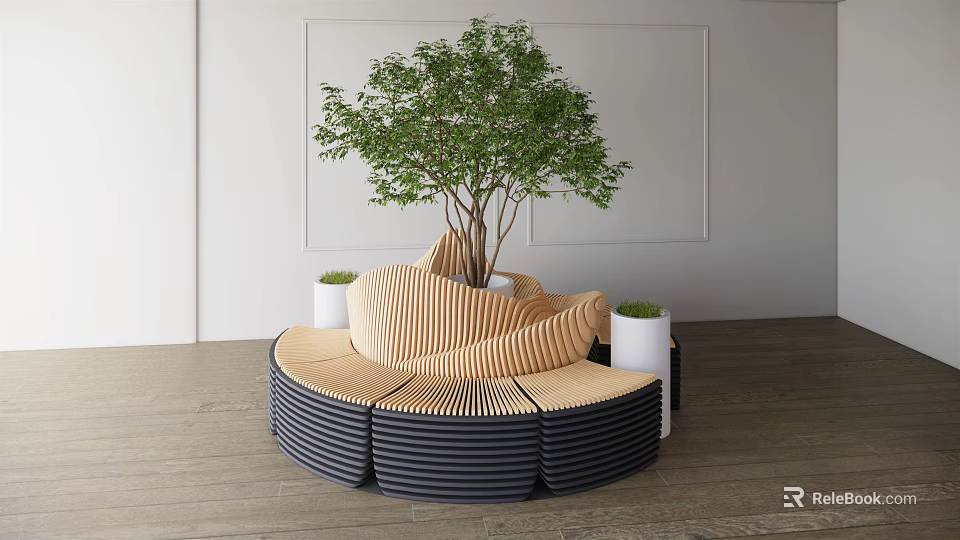 Circular Outdoor Chair Featuring Light Dark Striped Material Large Tree Center Small White Flower Pots 3d model 