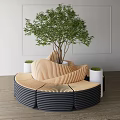 Circular Outdoor Chair Featuring Light Dark Striped Material Large Tree Center Small White Flower Pots