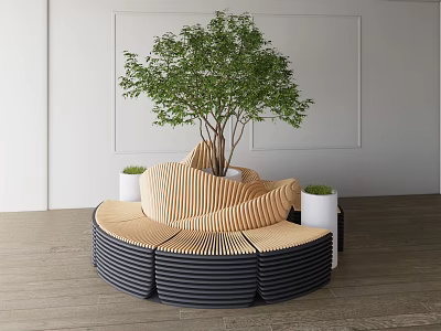 Circular Outdoor Chair Featuring Light Dark Striped Material Large Tree Center Small White Flower Pots 3d model