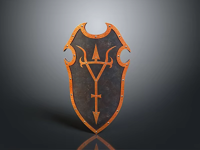 Medieval Dark Metal Shield With Bronze Edges Trident Symbol And Riveted Design 3d model