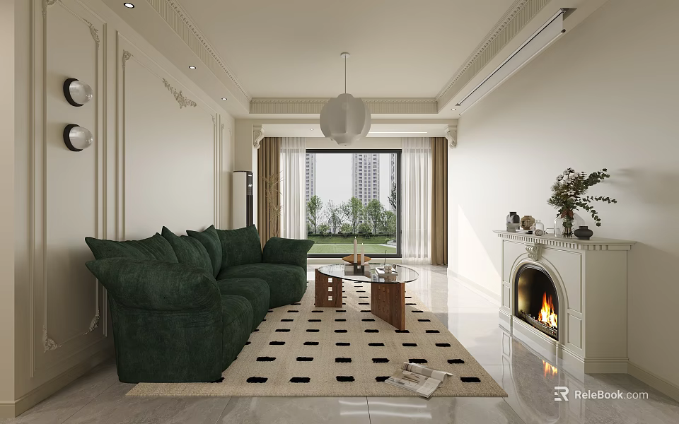 Modern Living Dining Room With Green Sofa Fireplace And Floor To Ceiling Window 3d model 