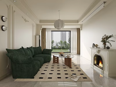 Modern Living Dining Room With Green Sofa Fireplace And Floor To Ceiling Window 3d model