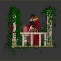 Game Movie Characters on Stone Pillar Platform with Green Vines Red Flowers