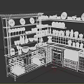 Red And Blue Kitchen Cabinets With Open Shelves Plates Glasses Plants And Colorful Tiled Countertop