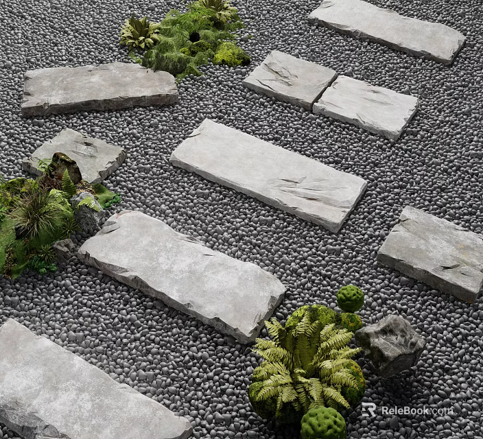 Natural Stone Stepping Stones Garden Path Surrounded By Pebbles And Green Plants 3d model 