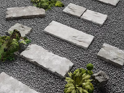 Natural Stone Stepping Stones Garden Path Surrounded By Pebbles And Green Plants 3d model