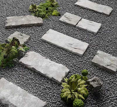 Natural Stone Stepping Stones Garden Path Surrounded By Pebbles And Green Plants 3d model