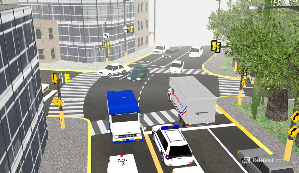 Municipal Road Intersection With Traffic Lights Vehicles Zebra Crossing And Urban Buildings 3d model 