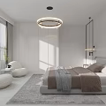 Modern Bedroom Interior Design With Round Pendant Light Beige Armchairs And White Wardrobe