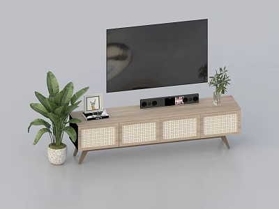 Wooden TV Stand with Woven Doors TV Speakers Photo Frame and Potted Plants 3d model