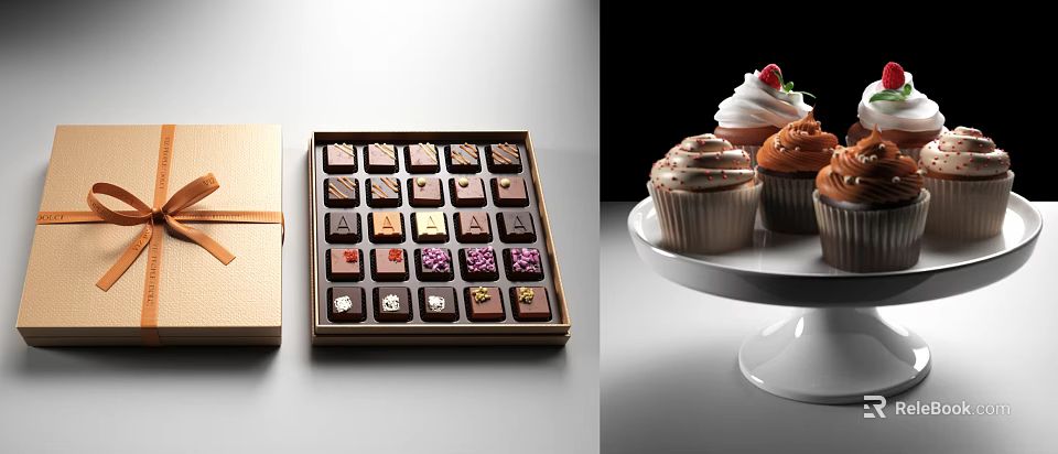 Decorated Chocolate Gift Box And Frosted Cupcakes On White Tray 3d model 
