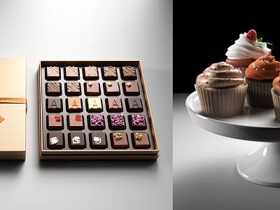 Decorated Chocolate Gift Box And Frosted Cupcakes On White Tray 3d model