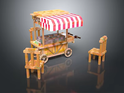 Wooden Food Cart With Red And White Striped Awning And Two Wooden Chairs 3d model