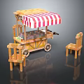 Wooden Food Cart With Red And White Striped Awning And Two Wooden Chairs