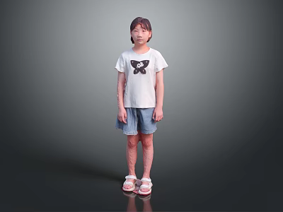 Woman In White T-shirt With Black Bear Blue Denim Shorts Pink Sandals On Gray Background 3d model