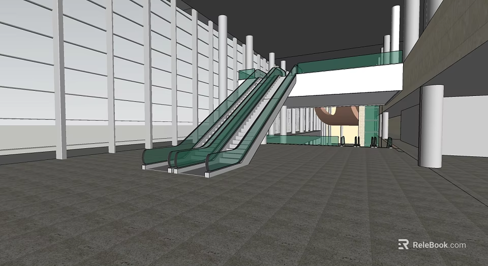 Modern Indoor Public Space With Glass Escalator White Columns Gray Tiled Floor And Spacious Design 3d model 