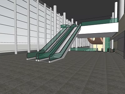 Modern Indoor Public Space With Glass Escalator White Columns Gray Tiled Floor And Spacious Design 3d model