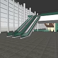 Modern Indoor Public Space With Glass Escalator White Columns Gray Tiled Floor And Spacious Design