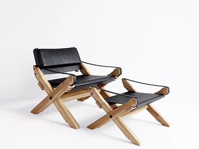 Modern Leisure Chair With Wooden Crossed Legs Black Leather Seat And Matching Ottoman 3d model