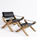 Modern Leisure Chair With Wooden Crossed Legs Black Leather Seat And Matching Ottoman