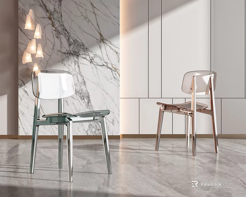 Two Modern Acrylic Leisure Chairs Against Marble Wall With Pendant Lights In Modern Interior Space 3d model 