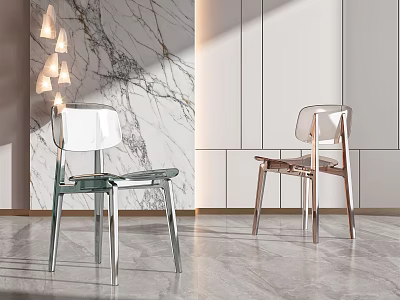 Two Modern Acrylic Leisure Chairs Against Marble Wall With Pendant Lights In Modern Interior Space 3d model