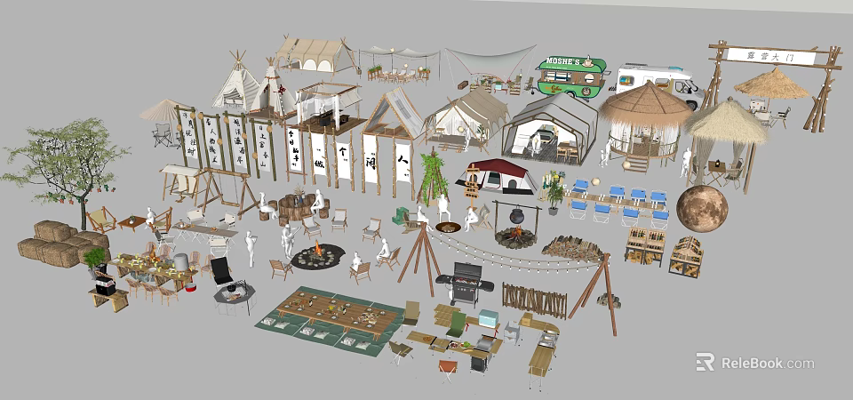 Camping Festival Stage With Tents Bonfire Seating And Outdoor Gear Setup 3d model 