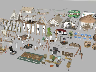 Camping Festival Stage With Tents Bonfire Seating And Outdoor Gear Setup 3d model
