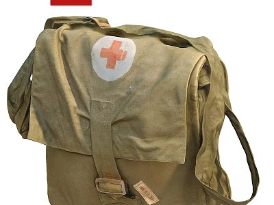 Decorative Ornament Set Featuring Vintage Military Green Canvas Backpack With Red Cross Emblem 3d model