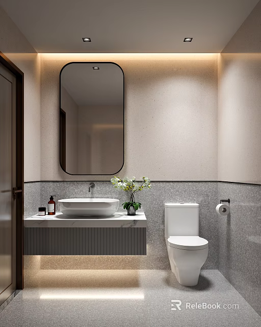 Modern Bathroom Interior Design With Oval Mirror White Toilet And Potted Flowers On Textured Walls 3d model 