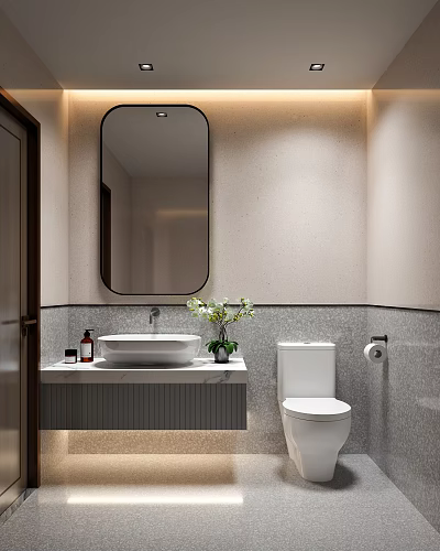 Modern Bathroom Interior Design With Oval Mirror White Toilet And Potted Flowers On Textured Walls 3d model