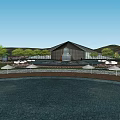 Modern Circular Hotel Building On Water With Overwater Villas And Mountain Views