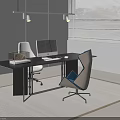 Modern Minimalist Dark Office Desk With Ergonomic Chairs In Bright Contemporary Office Workspace