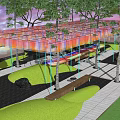 Modern Outdoor Pergola With Colorful Canopy Green Plants And Seating Area