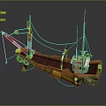 Wooden Boat 3D Model with Red Brown Details Masts and Decorative Ropes