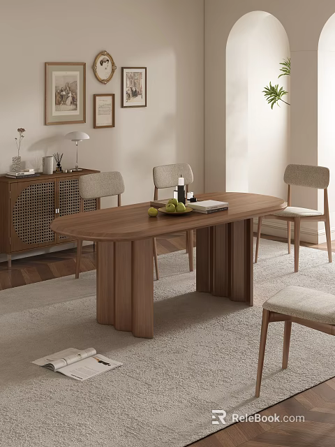 Modern Wooden Dining Table Set With Chairs Fruit Bottle Book And Cabinet 3d model 