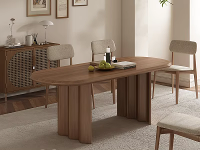 Modern Wooden Dining Table Set With Chairs Fruit Bottle Book And Cabinet 3d model