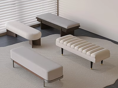Stylish Light Toned Upholstered Benches With Wooden Legs And Striped Design 3d model