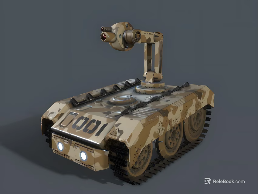 Tracked Utility Vehicle With Camouflage Design Mechanical Arm Headlights And Number 0001 3d model 
